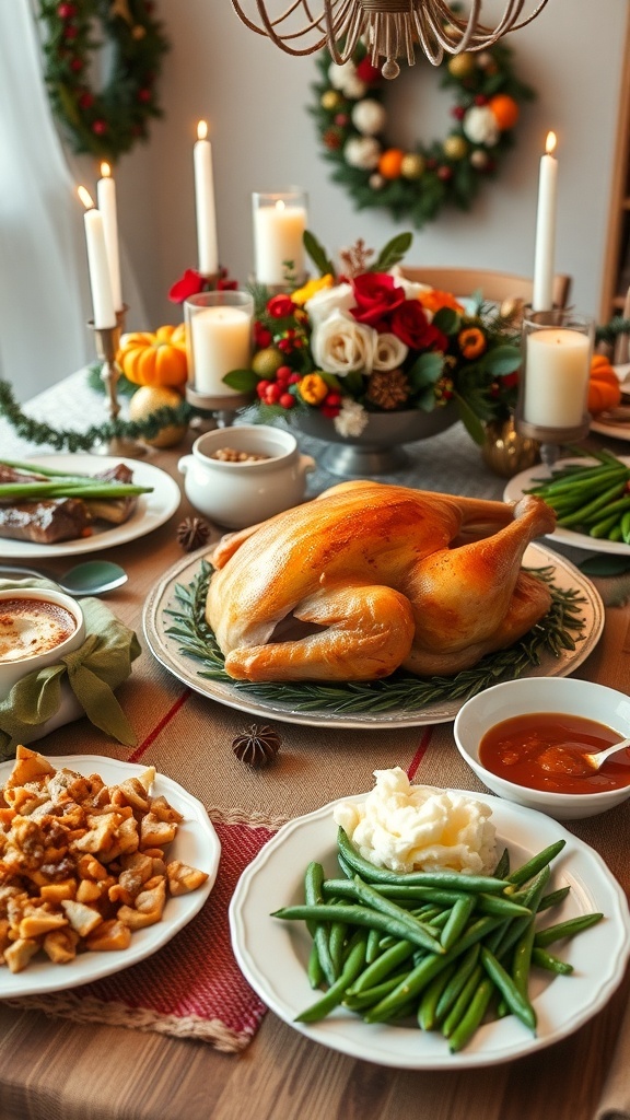 A festive Western Christmas dinner table with roasted turkey, mashed potatoes, stuffing, and green beans.